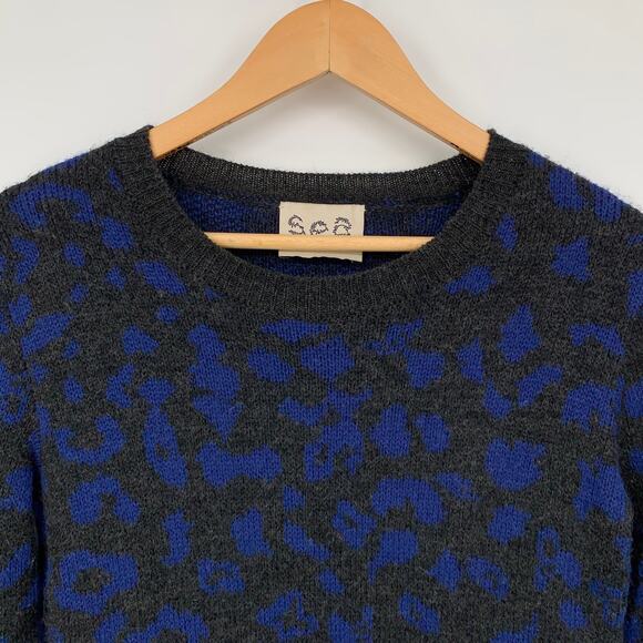 Sea New York Blue Leopard Print Peplum Ruffle Balloon Sleeve Alpaca Sweater - Picture 3 of 9